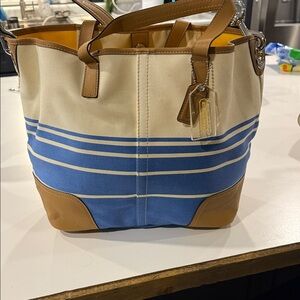 Coach Blue and Tan Striped Tote Bag